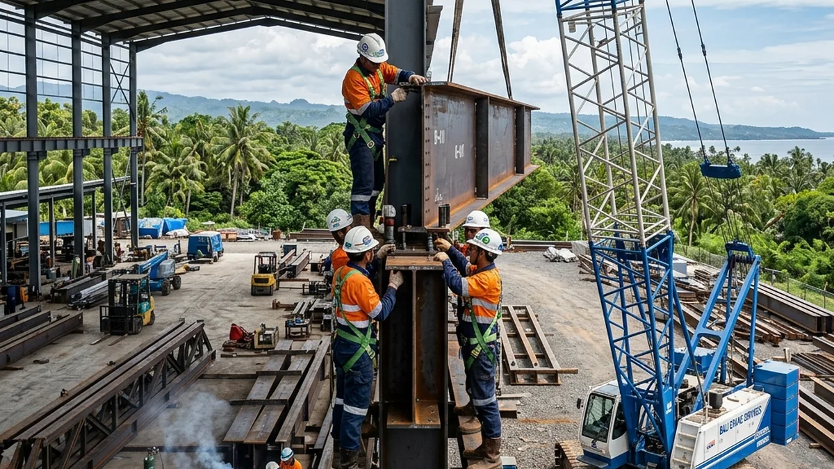 Proses fabrikasi baja di workshop dan ereksi struktur di lokasi proyek