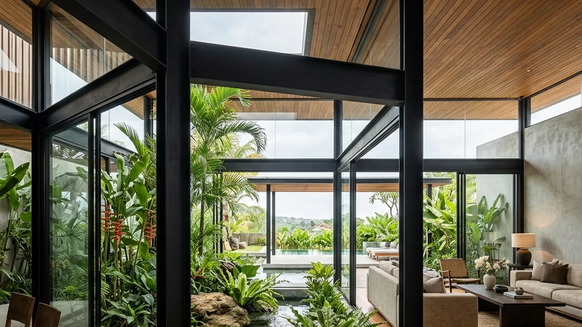 Integrasi structural steel ekspos pada arsitektur vila tropis modern Bali