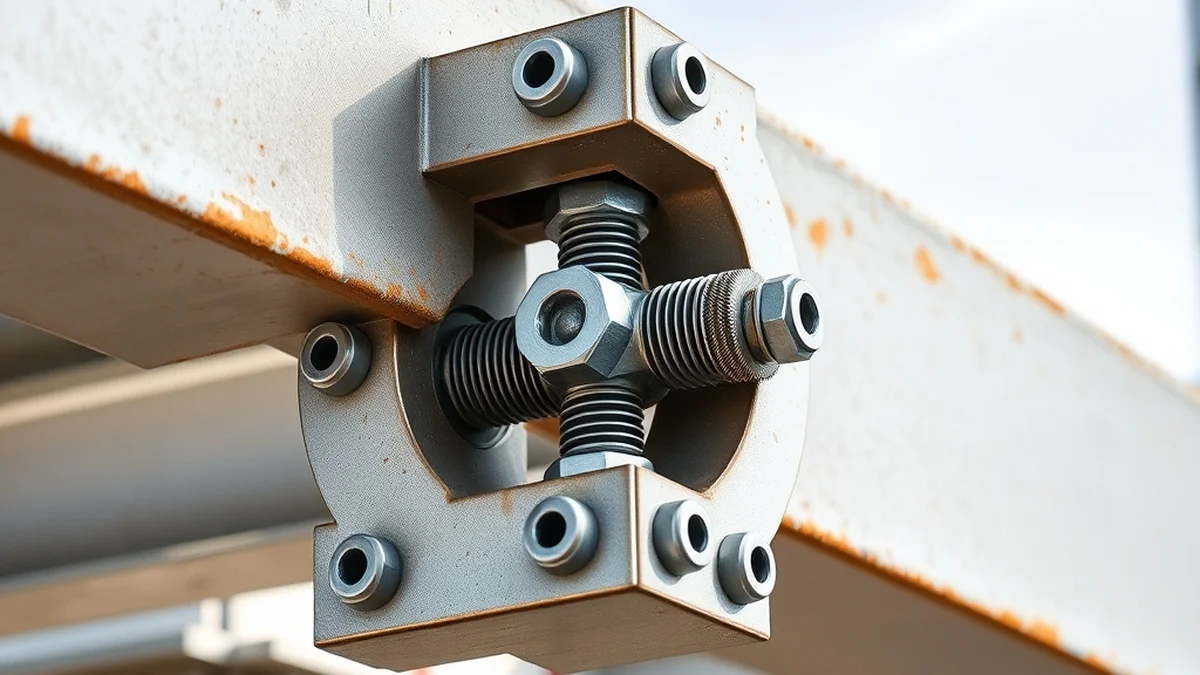 Sambungan splice joint profil Wide Flange (WF) steel menggunakan pelat flange dan web dengan high-strength bolts Grade 8.8