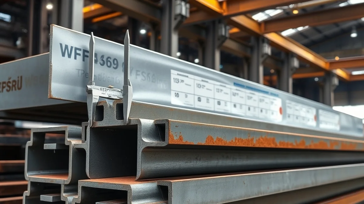 Tabel dimensi dan tumpukan profil baja Wide Flange WF SNI standards di workshop fabrikasi
