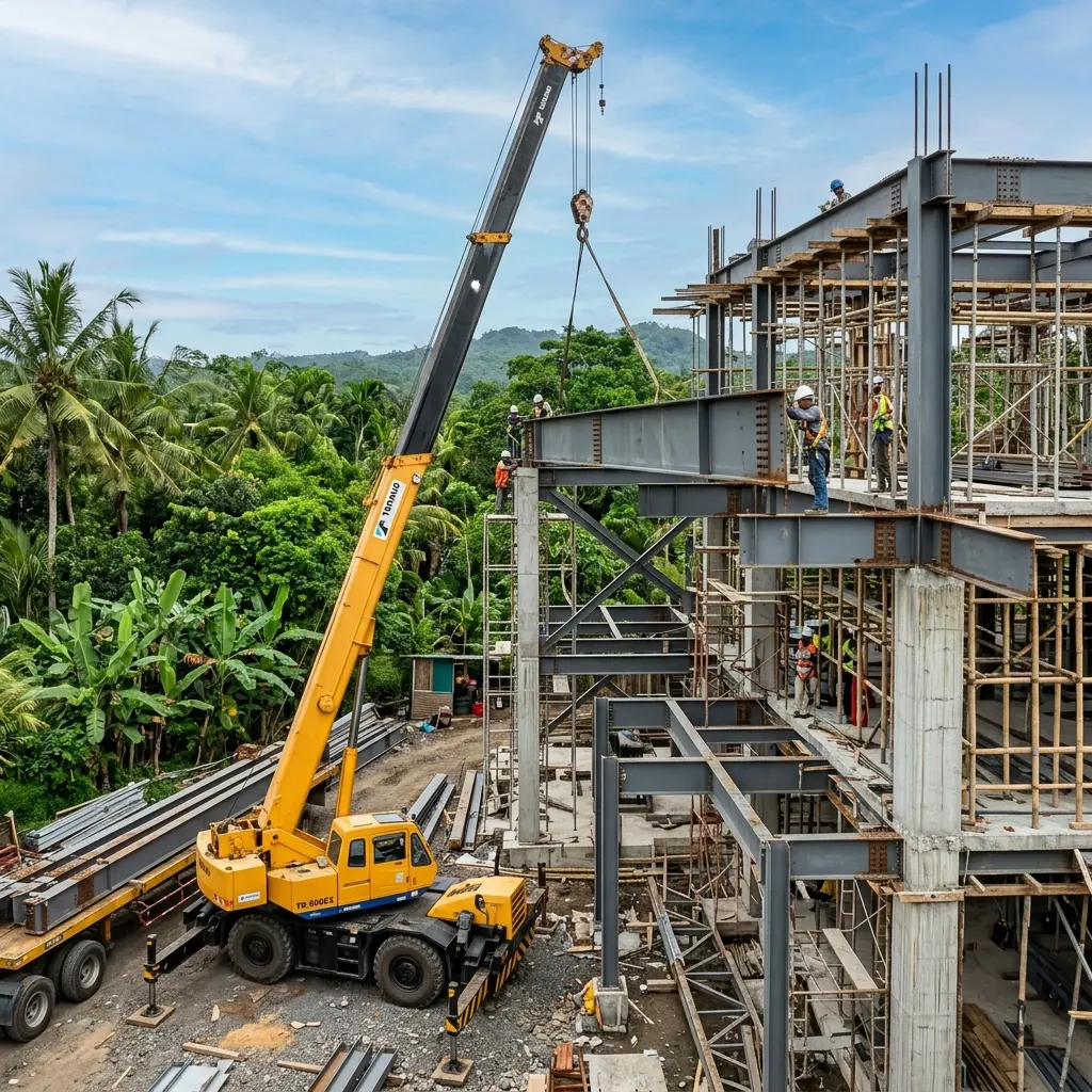 narrow access crane erection for structural steel villa in canggu bali